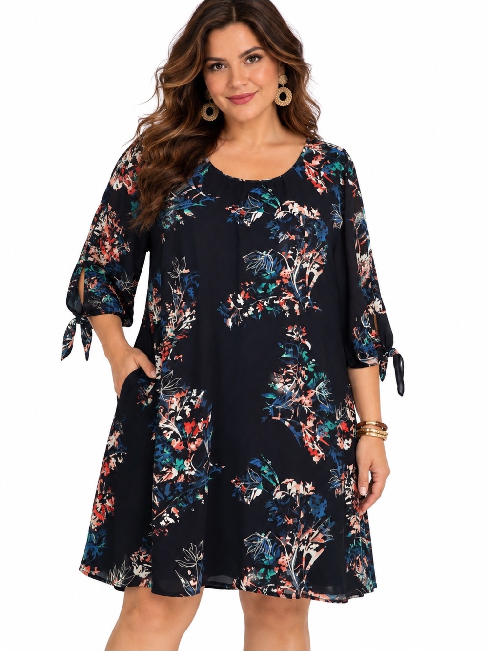Evri 2X Black Floral Shift Dress Tie Sleeve Boho Whimsigoth Plus Size